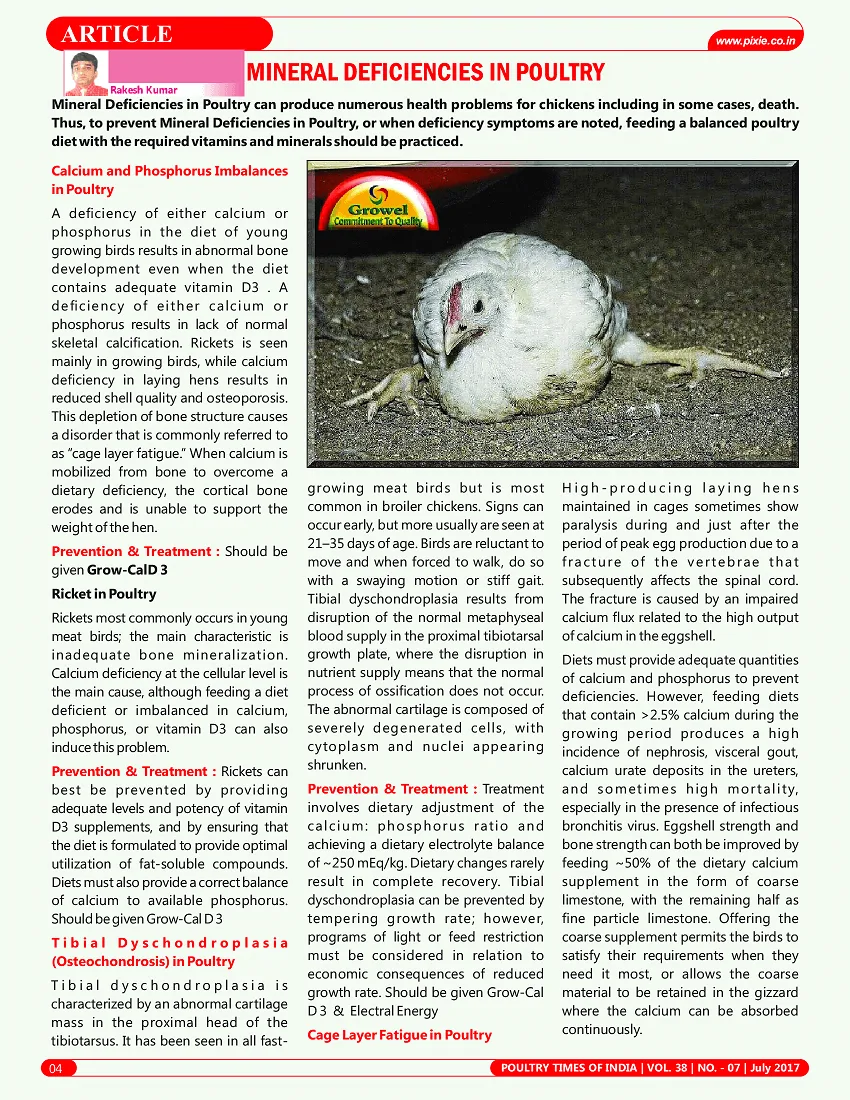Minerals Deficiencies in Poultry Published in Poultry Times of India July 2017